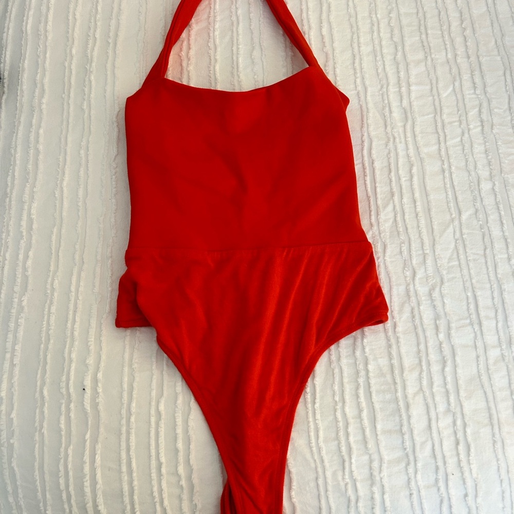 Superdown Red One Piece Halter Neck High Cut bodysuit.